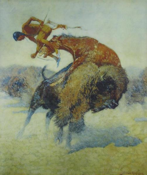 Appraisal: Framed lithograph after Frederic Remington depicting an Indian buffalo hunter