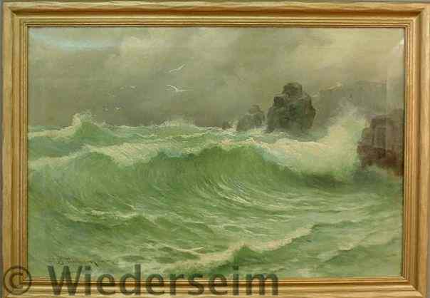 Appraisal: Oil on canvas seascape painting showing seagulls and stormy rough