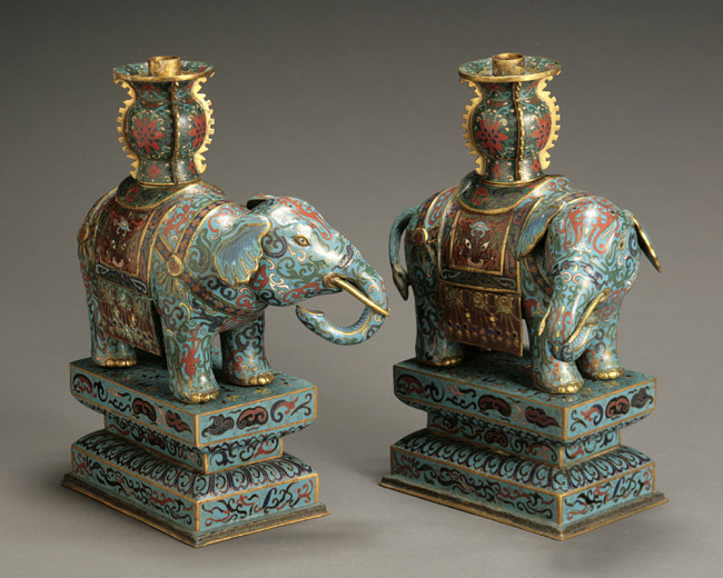 Appraisal: Pair of Chinese Cloisonn Enamel and Gilt Bronze Elephant-Form Candlesticks