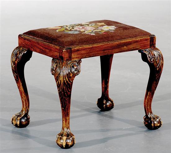 Appraisal: English carved mahogany and needlepoint footstool late th century floral