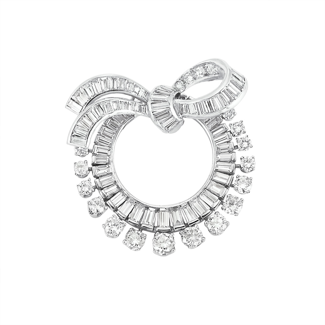 Appraisal: Platinum and Diamond Circle Bow Brooch diamonds ap cts ap