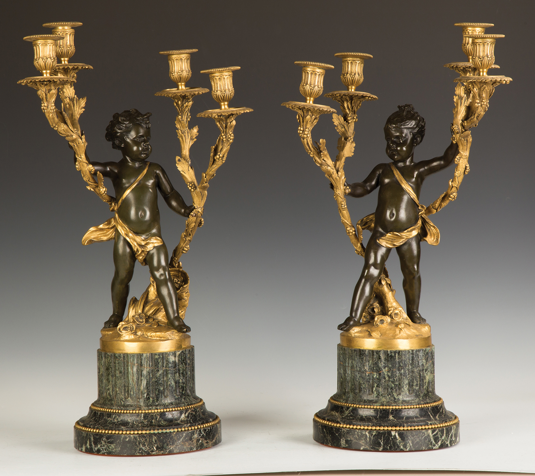 Appraisal: Pair of French Gilt and Patinaed Bronze Candelabras th Century