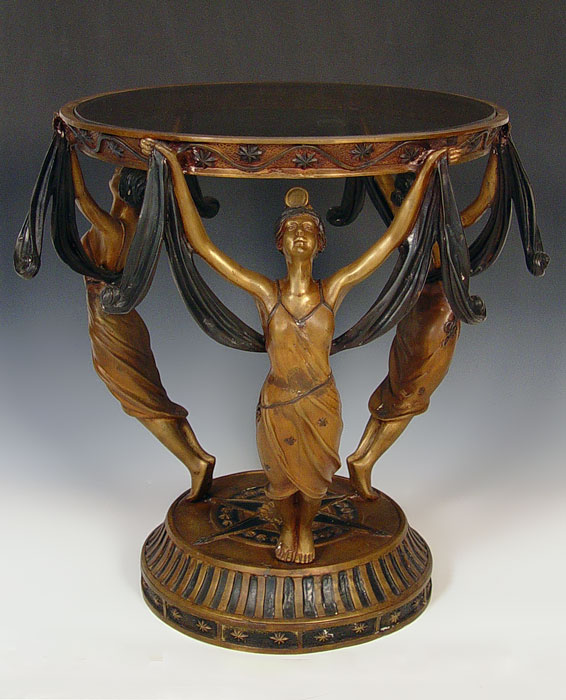 Appraisal: BRONZE ART DECO STYLE FIGURAL TABLE Three maidens draped in