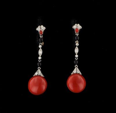 Appraisal: A Pair of Deco Coral Onyx and Diamond Earrings Platinum