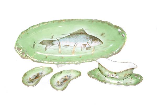 Appraisal: An assembled Versailles green decorated porcelain fish service comprising twelve