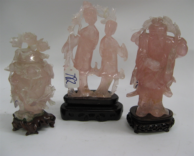 Appraisal: THREE CHINESE CARVED ROSE QUARTZ SCULPTURES a group of two