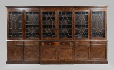 Appraisal: Chippendale Style Burlwood-Veneered Breakfront th century banded burlwood veneers six