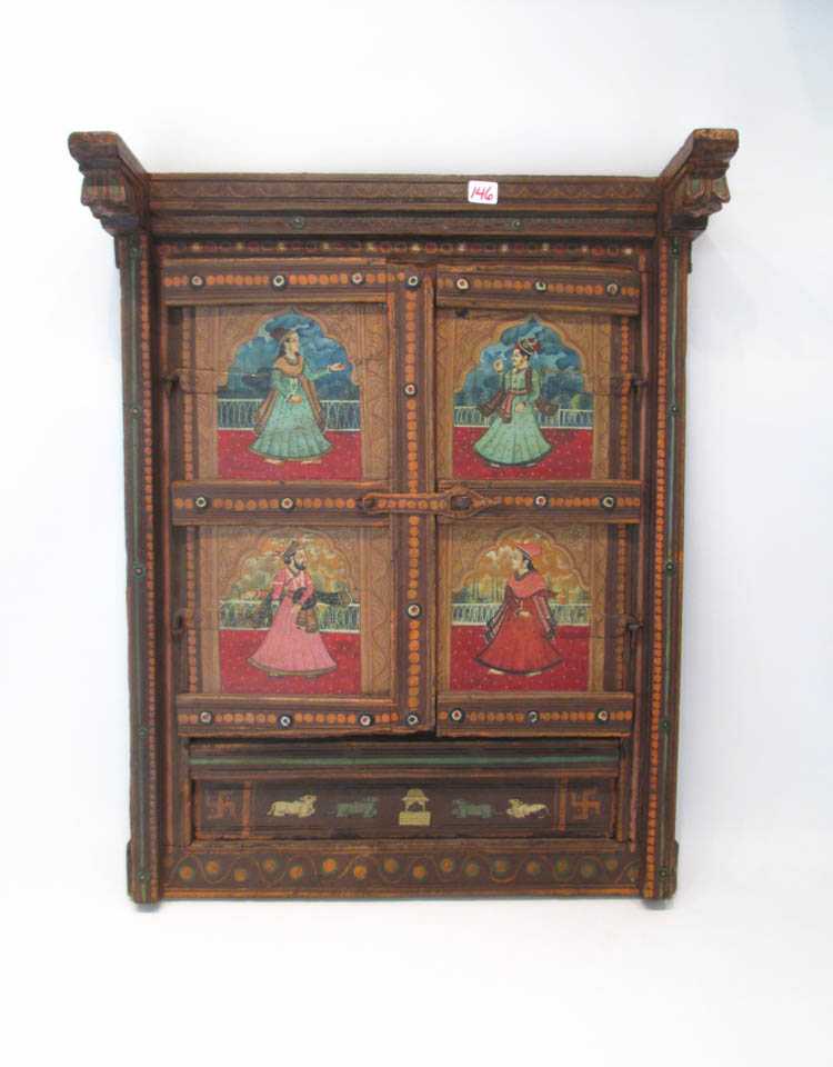 Appraisal: INDIAN WOOD CARVED HAND PAINTED SHUTTERS with panel construction and