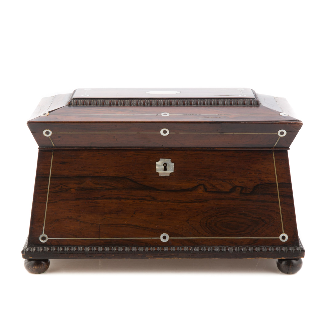 Appraisal: Regency inlaid rosewood sarcophagus tea caddy circa with mother-of-pearl inlay