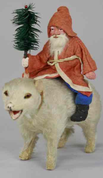 Appraisal: SANTA RIDING POLAR BEAR CANDY CONTAINER Germany Santa has composition