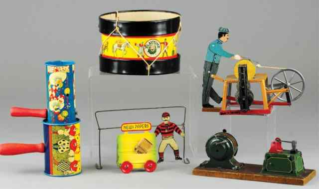 Appraisal: ASSORTED TOY LOT Includes tin soccer goalie at wire bars