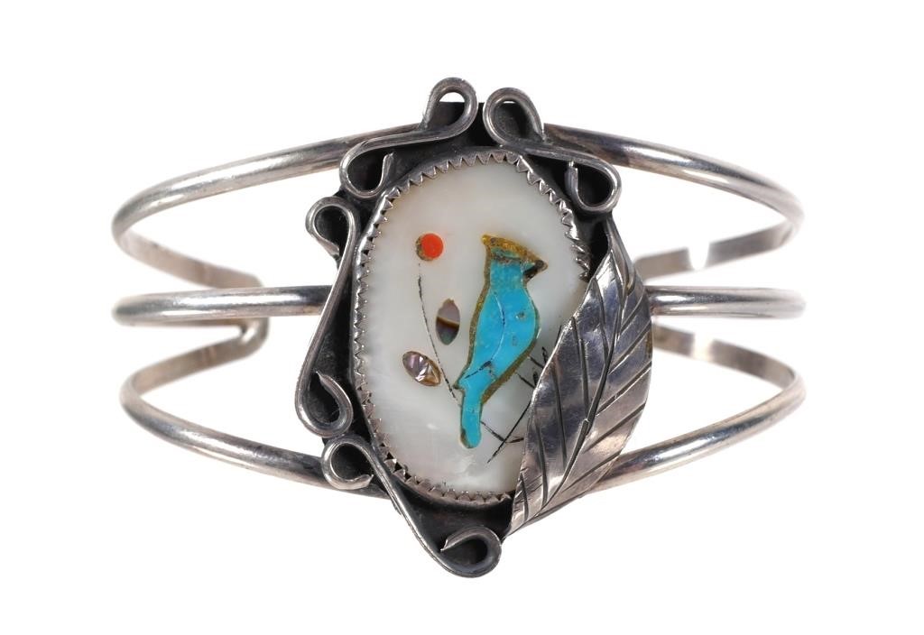 Appraisal: Sterling silver bracelet has blue turquoise bird inlay with MOP