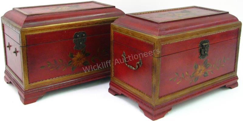 Appraisal: A pair of painted decorator storage boxes red with floral