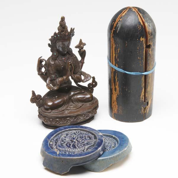 Appraisal: ASSORTED ASIAN LOT Bronze Buddha with inlaid turquoise beads pair