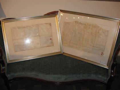 Appraisal: Two piece gilt framed indentures Both pieces in faded condition