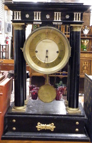 Appraisal: FRENCH EMPIRE PORTICO CLOCK th century the ebonized wood case