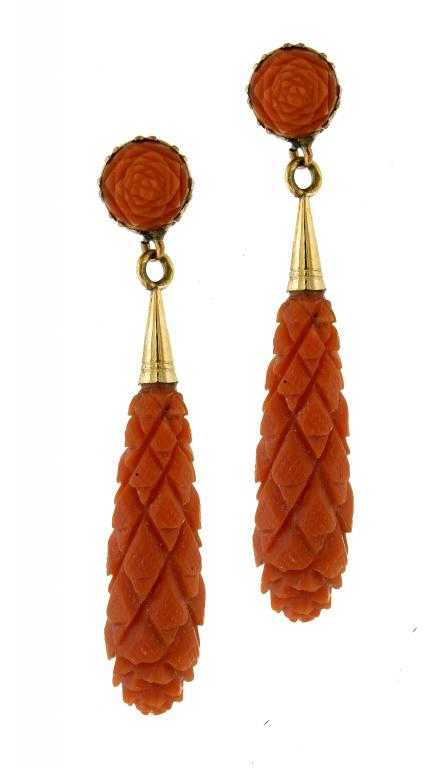 Appraisal: A PAIR OF CORAL EARRINGS the carved drop suspended from