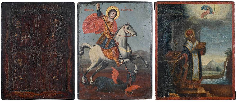 Appraisal: Greek and Russian Icons th century Three one Greek icon