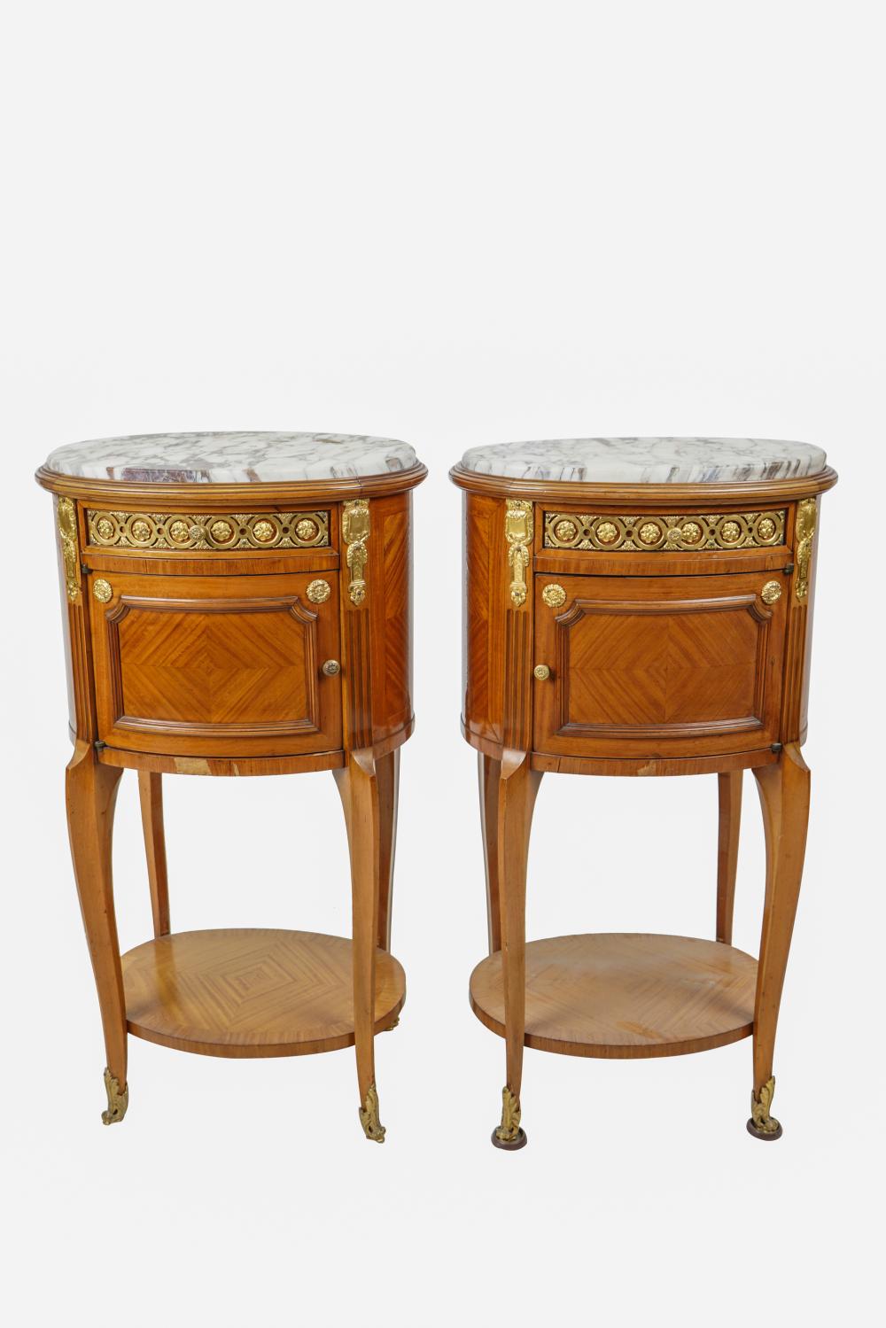 Appraisal: PAIR OF LOUIS XVI STYLE MARBLE-INSET SIDE TABLESeach with a