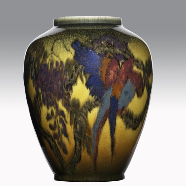 Appraisal: EDWARD T HURLEYROOKWOODJewel porcelain vase with parrots UncrazedFlame mark XXVII