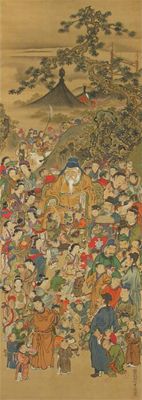 Appraisal: A Chinese scroll painting depicting a seated dignitary surrounded by