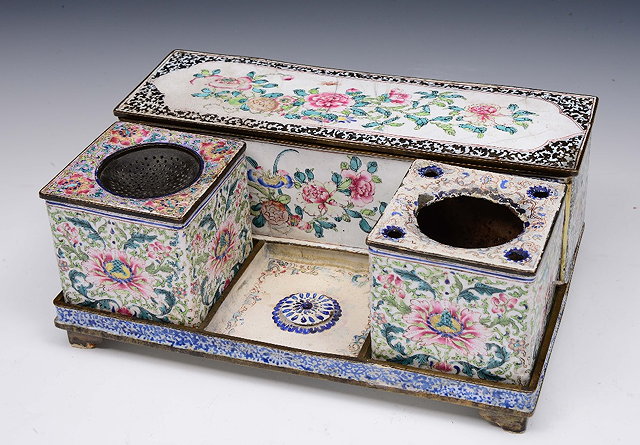 Appraisal: A CHINESE CANTONESE POLYCHROME ENAMEL DESK STAND with pen box