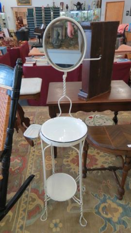 Appraisal: Antique Metal Shaving Stand white enamel bowl round beveled mirror