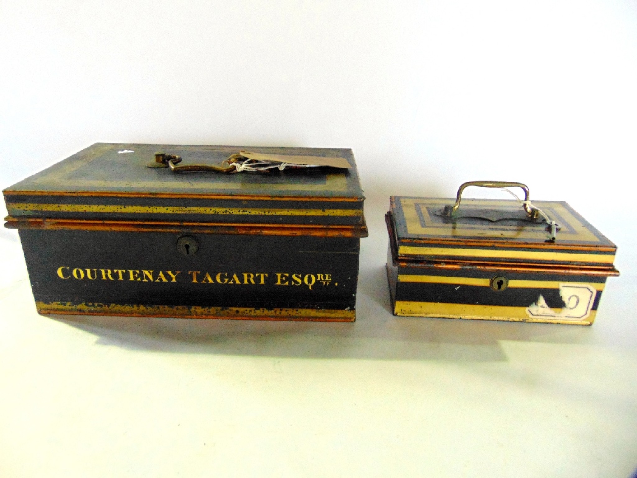 Appraisal: A large Victorian cash box with ebonised and banded detail