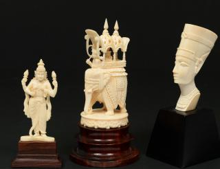 Appraisal: THREE ASSORTED IVORY CARVINGS Indian African Comprising an elephant with