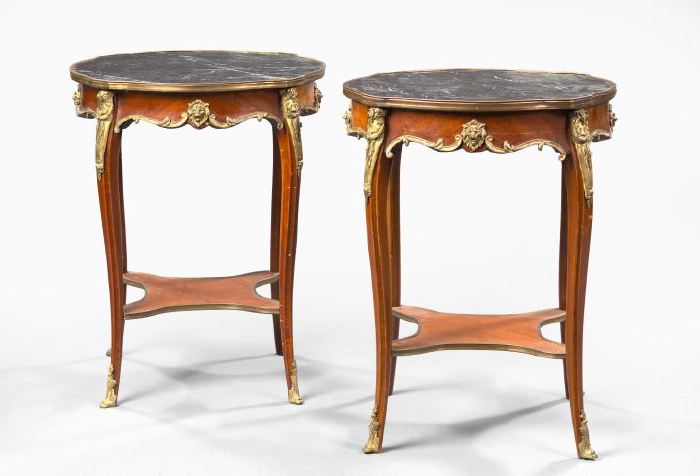 Appraisal: Pair of French Gilt-Brass-Mounted Mahogany and Marble-Top Side Tables second