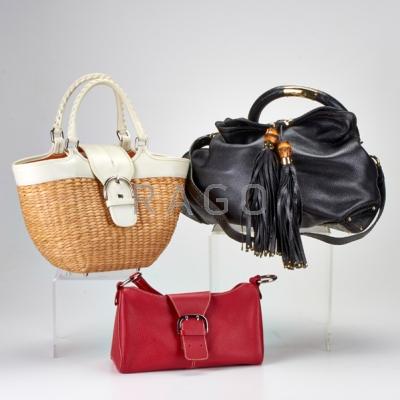 Appraisal: THREE DESIGNER DAY BAGS Coach wicker tote with white leather