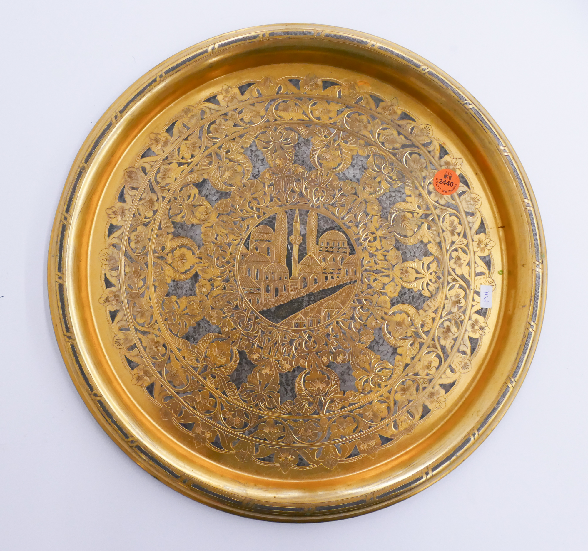 Appraisal: Antique Gilt Bronze Engraved Tray- ''