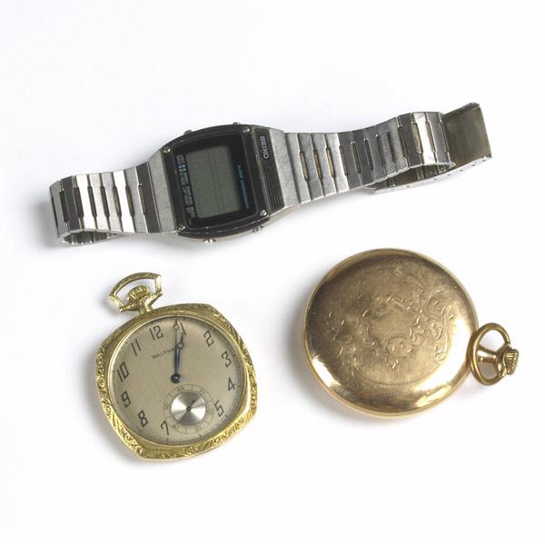 Appraisal: TWO POCKETWATCHES AND A WRISTWATCH Waltham cushion shaped open face