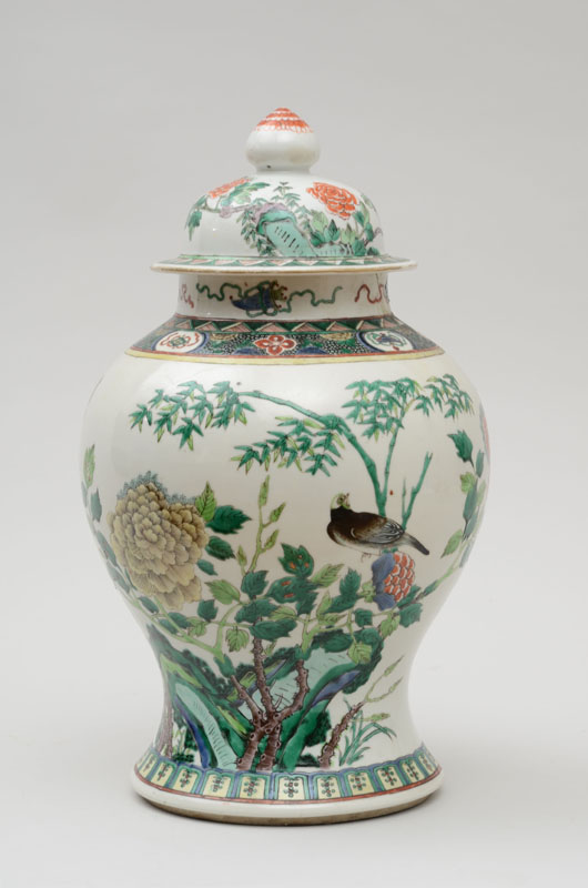 Appraisal: CHINESE FAMILLE VERTE BALUSTER-FORM JAR AND COVER Possibly Tao-Kuang -