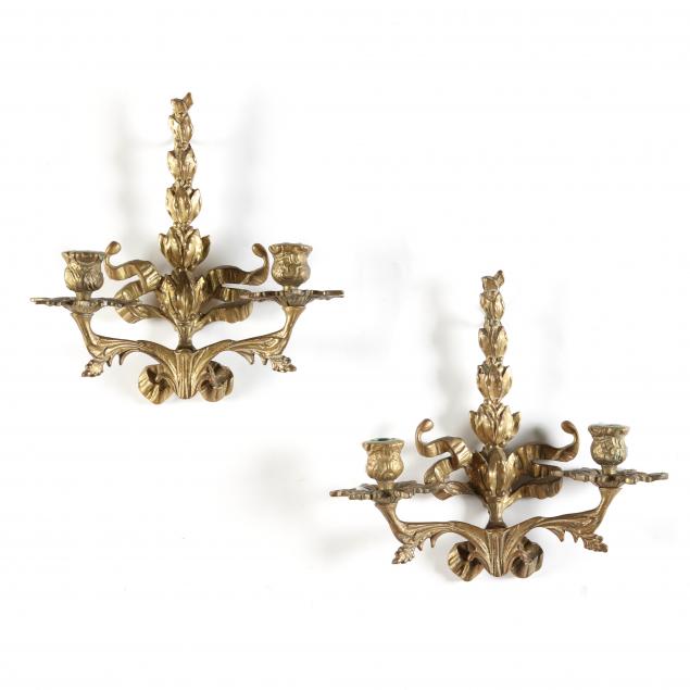 Appraisal: PAIR OF NEOCLASSICAL STYLE BRASS DOUBLE LIGHT SCONCES Mid th