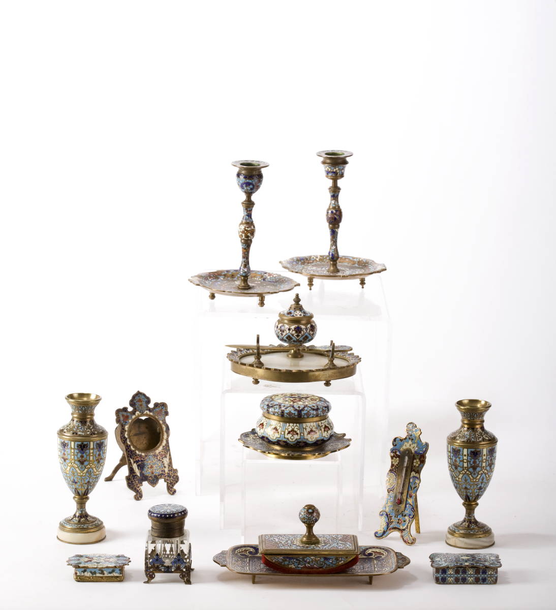 Appraisal: GROUP OF FOURTEEN FRENCH ENAMEL DESK OBJECTS INCLUDING A PAIR