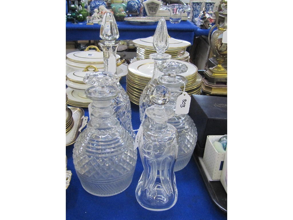 Appraisal: Five cut glass decanters to include one with silver collar