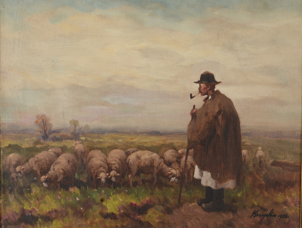 Appraisal: FERENC KRUPKA PAINTING SHEPHERD AND HIS FLOCK Oil Canvas ''