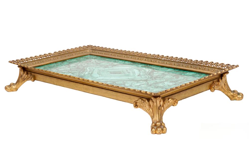 Appraisal: TH CT MALACHITE GILT ORMOLU TRAYMalachite tray with gilt ormolu