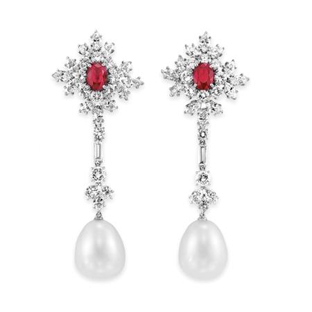 Appraisal: Pair of Diamond Ruby and Cultured Pearl Pendant-Earclips Bulgari Estimate