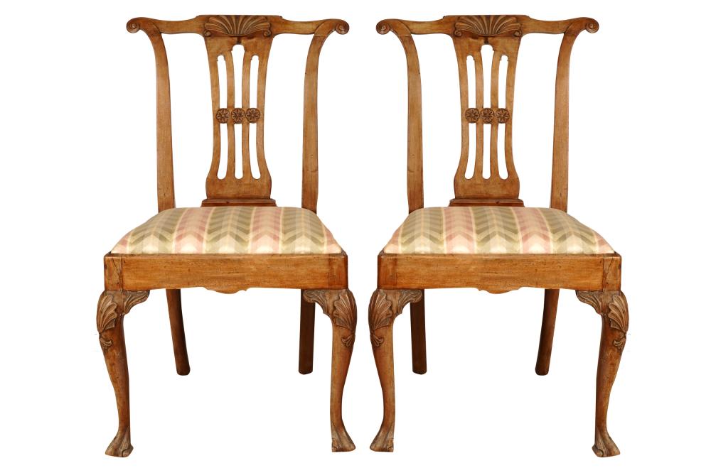 Appraisal: PAIR OF CHIPPENDALE STYLE MAHOGANY SIDE CHAIRSeach with green pink