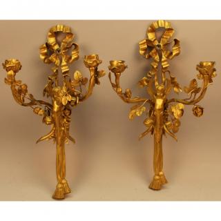 Appraisal: Pr Exceptional French Gilt Bronze Figural Sconces Having arms formed