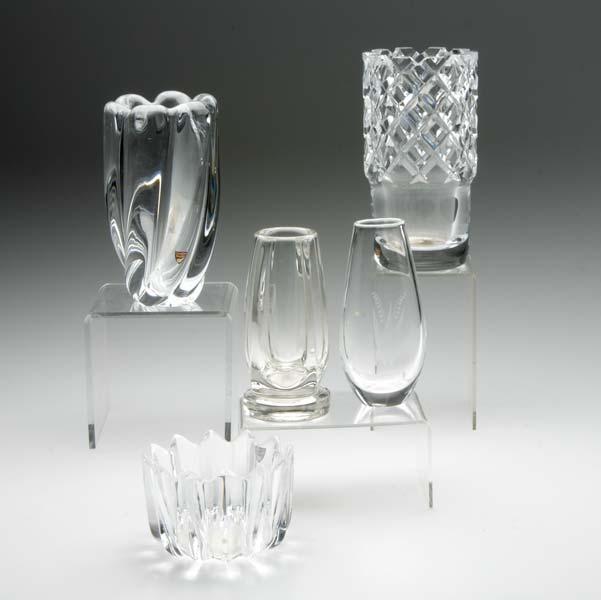 Appraisal: ORREFORS VASES Five pieces including ovoid etched with lillies-of-the-valley buttressed