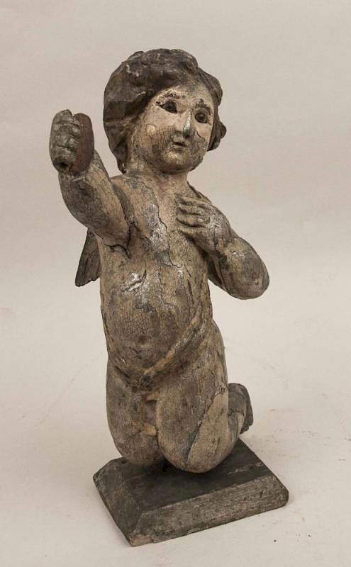 Appraisal: Carved Wood Figure Carved painted wood figure of an angel