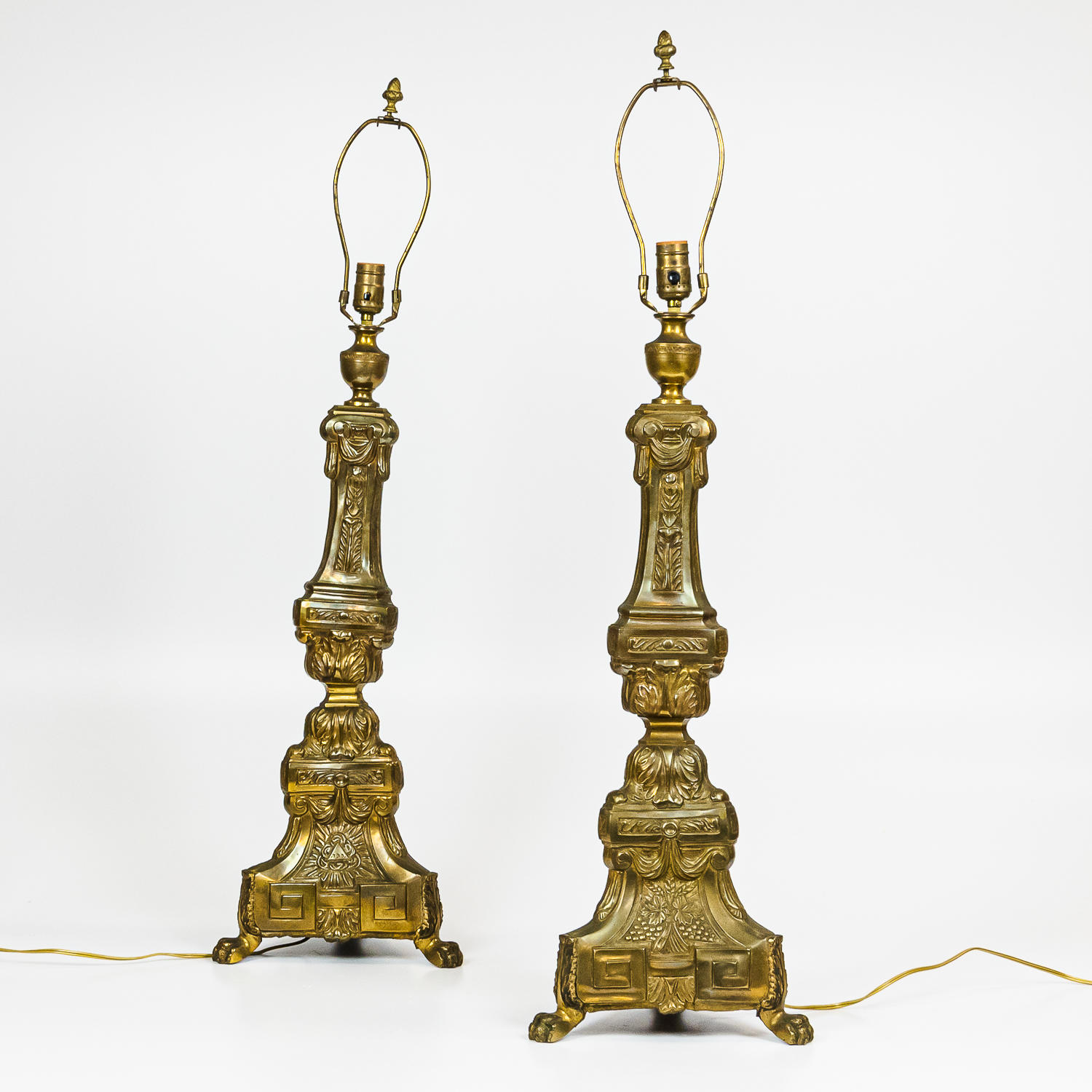 Appraisal: Pair of Continental Brass Table Lamps the Corinthian column shafts