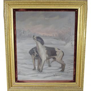 Appraisal: Large Antique Oil Canvas Hunting Dogs in Winter Large Antique