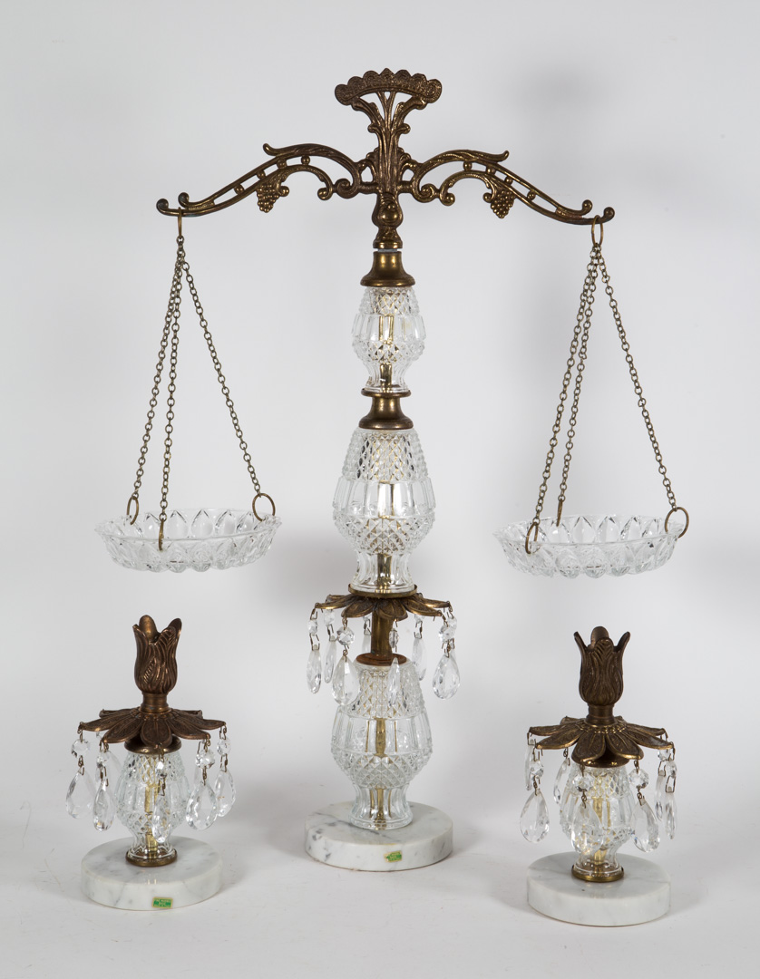 Appraisal: Italian brass and marble scale garniture pressed glass and prism