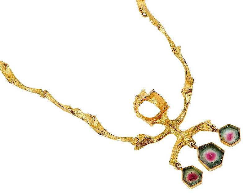 Appraisal: Bjorn Weckstrom Lapponia kt Gold Necklace brutalist style three watermelon