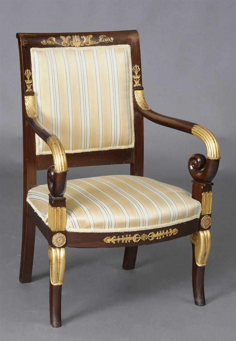 Appraisal: EMPIRE STYLE GILT-METAL MOUNTED MAHOGANY FAUTEUIL The padded back with