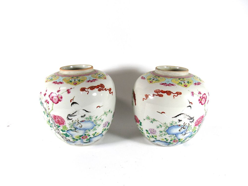 Appraisal: Pair of th Century Famille Rose Ginger Jars Chinese enamel